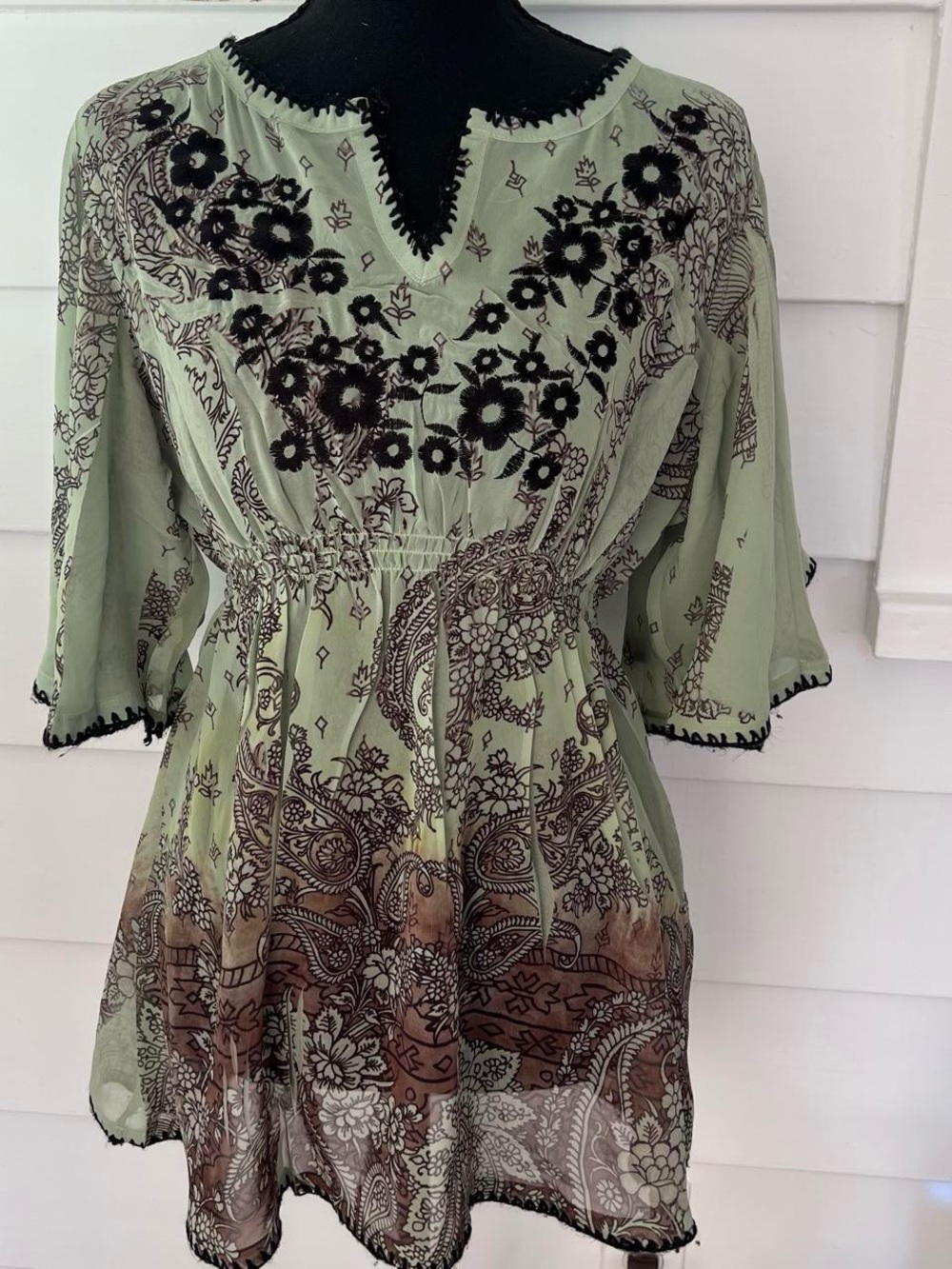 Y2K Sage Green & Brown Boho Floral Embroidered Tunic
